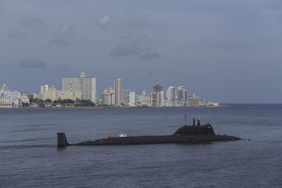 The nuclear-powered Russian submarine Kazan leaves the port of Havana, Cuba, Monday, June 17, 2024. A fleet of Russian warships arrived in Cuban waters last week ahead of planned military exercises in the Caribbean. (AP Photo/Ariel Ley)