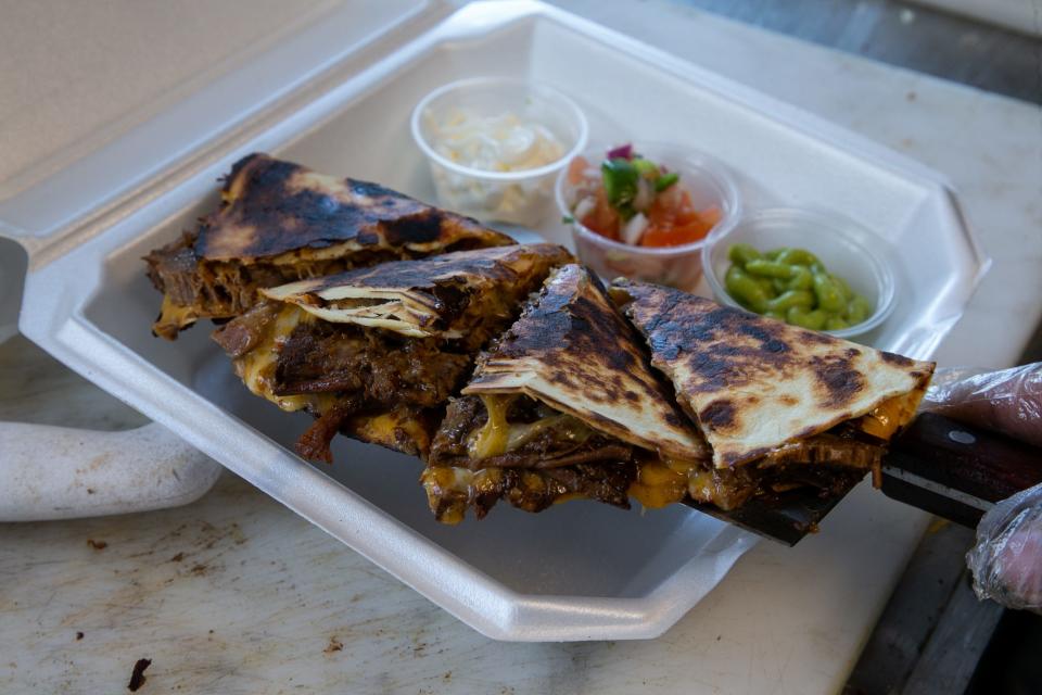 A brisket quesadilla from local food truck Chicago's Cater at the inaugural Shoreline Food Truck Festival on Saturday, Feb. 25, 2023.