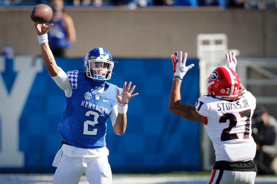 Quarterback Joey Gatewood (2) made the only start of his Kentucky career against No. 5 Georgia on Halloween in 2020. In UK’s 14-3 loss to the Bulldogs, Gatewood completed 15 of 25 passes for 91 yards and ran 16 times for 23 yards.