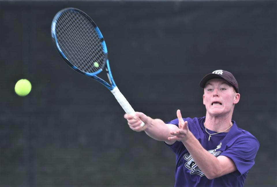 College Station's Paxton O'Shea returns a shot in his mixed doubles match against Abilene Wylie's Stealey Crousen and Trevor Short. O'Shea and Maya Diyasheva won the Class 5A championship match 4-6, 6-3, 6-4 on Wednesday at Northside Tennis Center in Helotes.