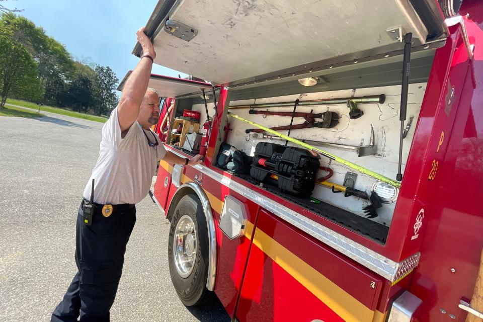Then-Baker Fire District Chief Brian Easterling shows off one of the department's fire trucks on March 25, 2022. Less than three months later Easterling was arrested for the murder of his friend and business partner, Michael Evers.