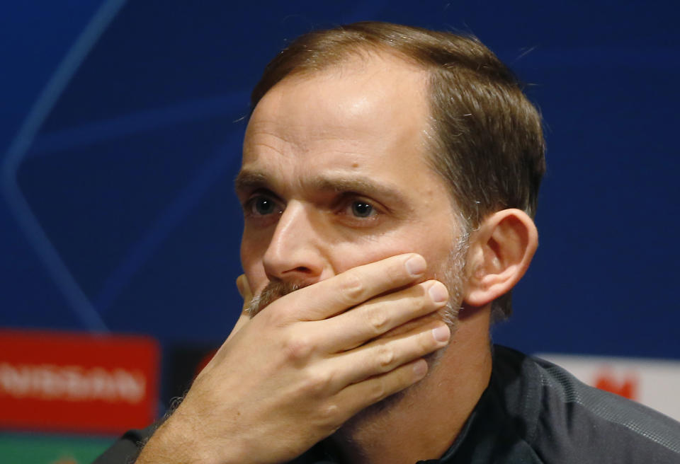 PSG coach Thomas Tuchel attends during a media conference at Stade des Princes stadium in Paris, Tuesday, march 5, 2019. PSG will play Manchester United in a Champions League match on Wednesday march 6. (AP Photo/Michel Euler)