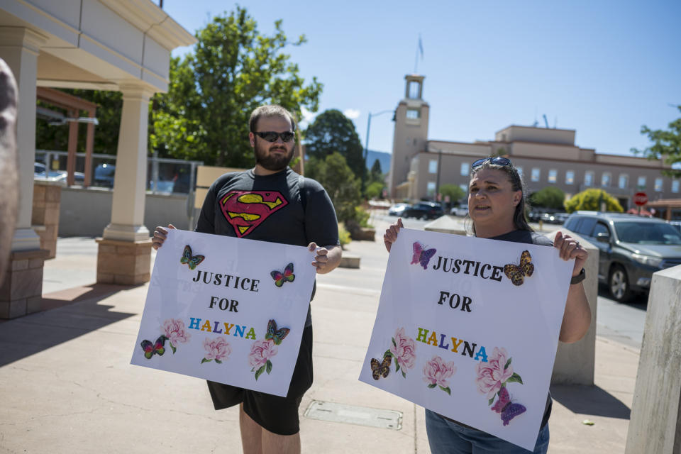 Jonathan Zwiebel, left, and his mother Janelle Rogers stand outside District Court demanding justice for cinematographer Halyna Hutchins, during the trial of actor Alec Baldwin, Wednesday, July 10, 2024, in Santa Fe, N.M. (AP Photo/Roberto E. Rosales)