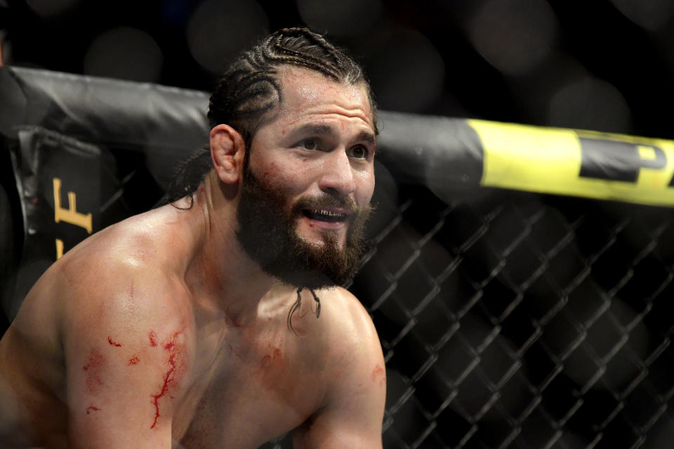 NEW YORK, NEW YORK - NOVEMBER 02:  Jorge Masvidal of the United States fights against Nate Diaz (not pictured) of the United States in the Welterweight "BMF" championship bout during UFC 244 at Madison Square Garden on November 02, 2019 in New York City. (Photo by Steven Ryan/Getty Images)