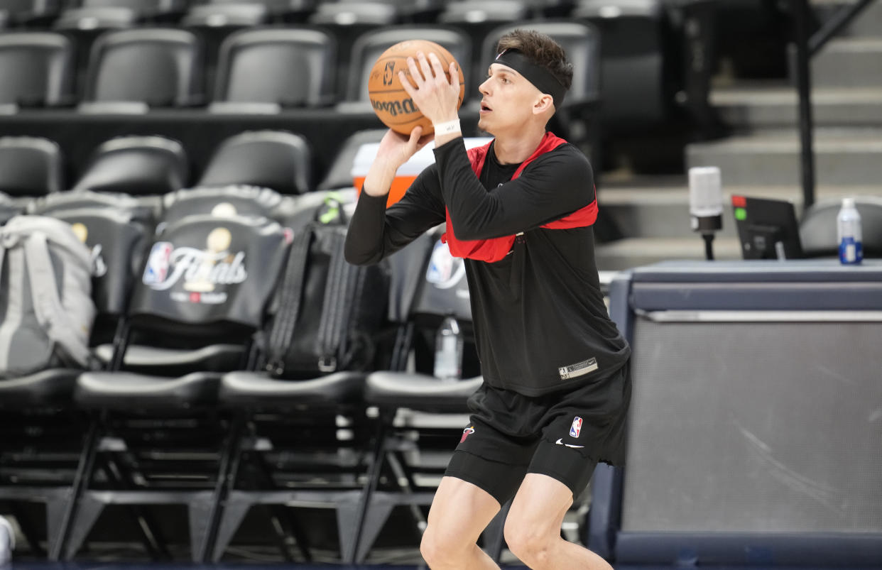 Miami Heat guard Tyler Herro during practice before the NBA Finals on May 31, 2023, in Denver. (AP Photo/David Zalubowski)