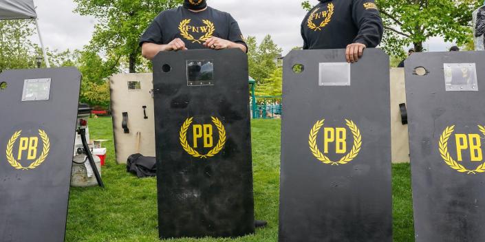 Proud Boys provide security at a 2nd Amendment rally on May 1, 2021 in Salem, Oregon. Proud Boys from throughout Oregon had previously been laying low following the Jan. 6 attack on the U.S. capitol.