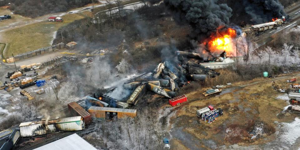 aerial image if derailed train on fire