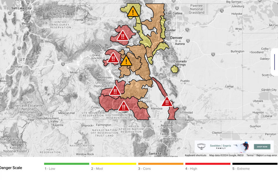 Map <a href="https://avalanche.state.co.us/" rel="nofollow noopener" target="_blank" data-ylk="slk:courtesy of Colorado Avalanche Info Center.;elm:context_link;itc:0;sec:content-canvas" class="link ">courtesy of Colorado Avalanche Info Center. </a>