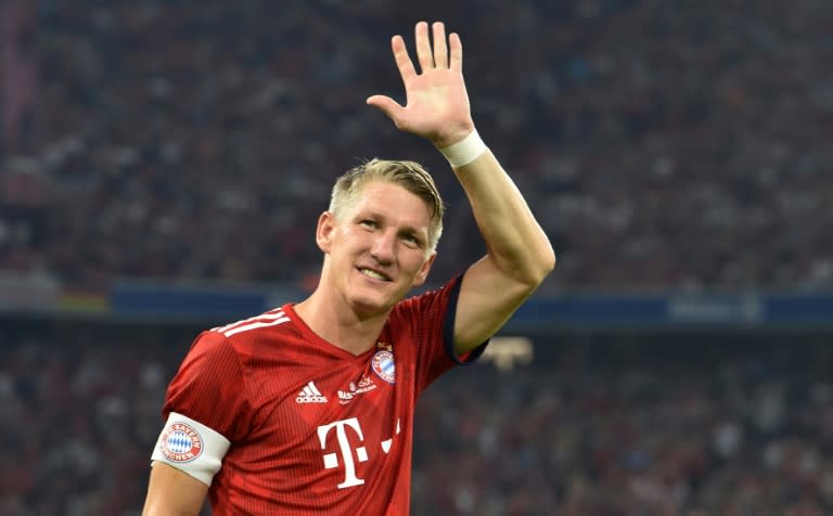 Ex-Germany captain Bastian Schweinsteiger waved goodbye to Bayern Munich on his final appearance in the famous red shirt on Tuesday in his testimonial at the Allianz Arena