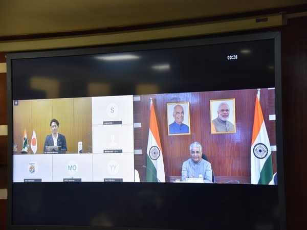 Visual of interaction between Union Minister Bhupender Yadav and Minister of the Environment of Japan Koizumi Shinjiro (Photo/ANI)