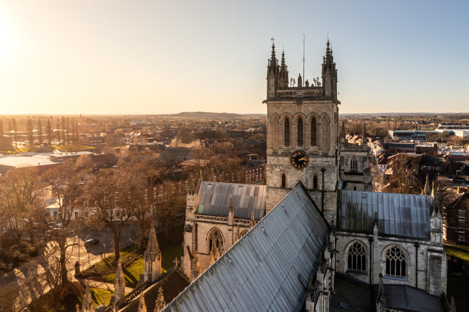 Selby, North Yorkshire, UK - January 16, 2023.  An aerial view of the Yorkshire market town of Selby with the ancient architecture of Selby Abbey prominent