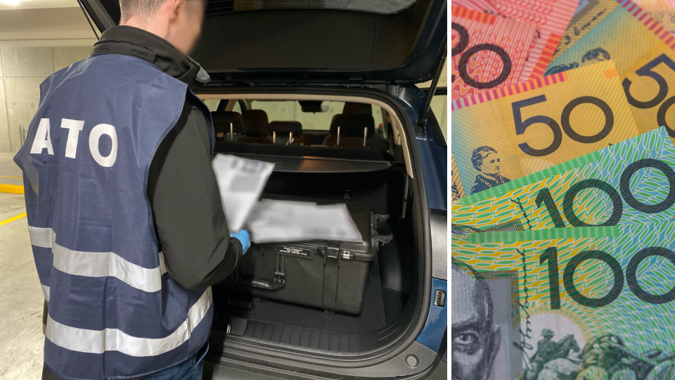 An ATO tax official holding papers by the boot of a car and Australian currency.