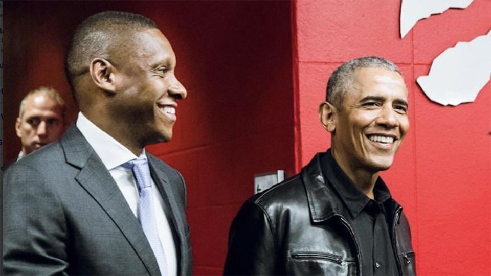 Ujiri, left, and Obama have a well-documented friendship. (Twitter/@Raptors)