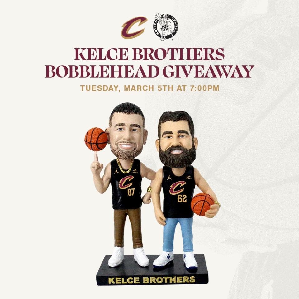 For fans who attend the Cleveland Cavaliers' game against the Boston Celtics on March 5, the giveaway is a Kelce brothers collectors' bobblehead figurine.