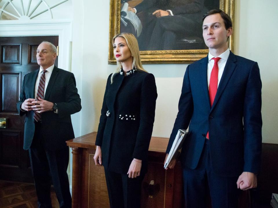 White House Senior Advisor Jared Kushner (R), First daughter Ivanka Trump (C) and White House Chief of Staff John Kelly (L) attend a meeting held by US President Donald J. Trump (Getty Images)