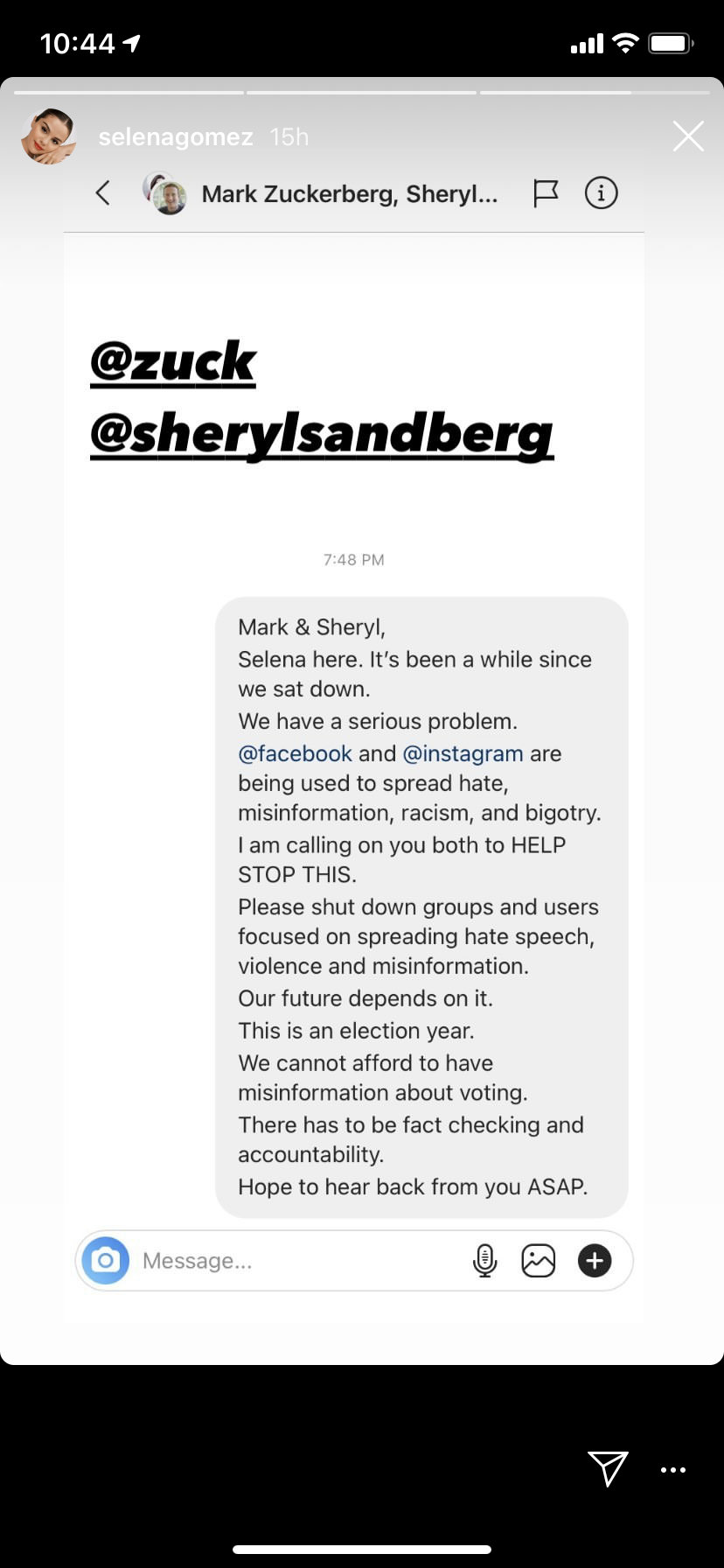 Selena Gomez reached out to Facebook CEO Mark Zuckerberg about a "serious problem" with the social media site. (Screenshot: Instagram/Selena Gomez)