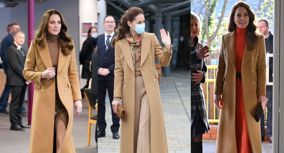 split screen of kate middleton princess of wales wearing Massimo Dutti camel coat during public appearances 