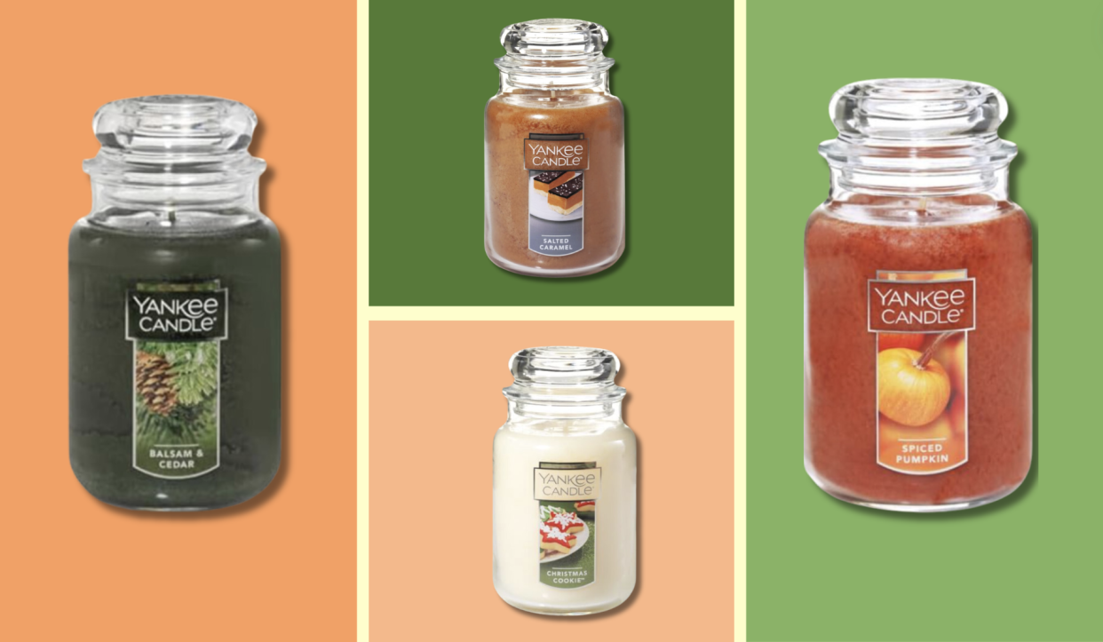 Four Yankee Candle jars in various scents over a green and orange background. 