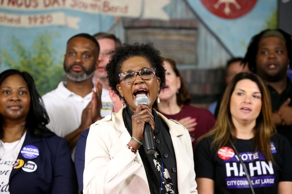 Sherry Bolden-Simpson, Democratic candidate for the 5th District South Bend Common Council nomination, sings the National Anthem Monday, April 10, 2023, at the Dyngus Day celebration at the West Side Democratic Club in South Bend.