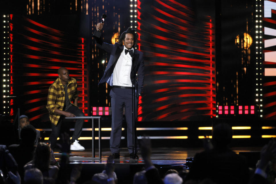 Inductee Jay-Z speaks onstage during the 36th Annual Rock & Roll Hall Of Fame Induction Ceremony at Rocket Mortgage Fieldhouse on Oct. 30, 2021, in Cleveland. - Credit: Michael Loccisano/Getty Images for The Rock and Roll Hall of Fame