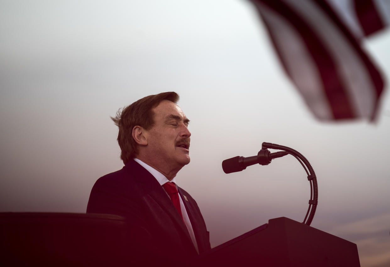 DULUTH, MN - SEPTEMBER 30: Michael Lindell, CEO of MyPillow Inc., speaks during a campaign rally for President Donald Trump at the Duluth International Airport on September 30, 2020 in Duluth, Minnesota. The rally is Trump's first after last night's Presidential Debate. (Photo by Stephen Maturen/Getty Images)