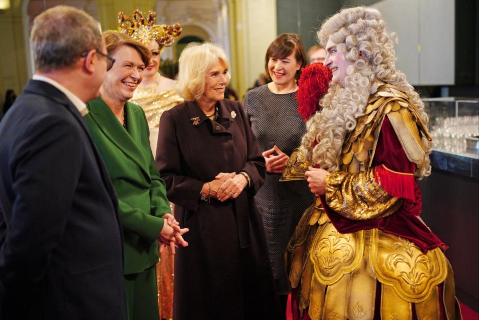 The Queen Consort and First Lady Elke Budenbender meet opera singers from the Komische Opera Berlin (PA)