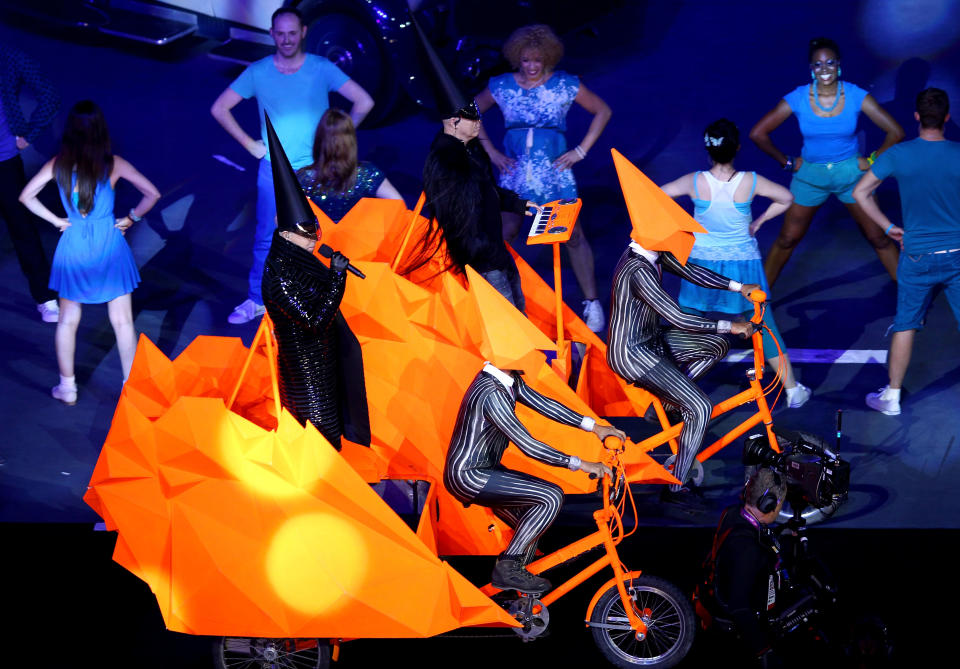 LONDON, ENGLAND - AUGUST 12: Neil Tennant (L) and Chris Lowe from The Pet Shop Boys perform during the Closing Ceremony on Day 16 of the London 2012 Olympic Games at Olympic Stadium on August 12, 2012 in London, England. (Photo by Clive Brunskill/Getty Images)