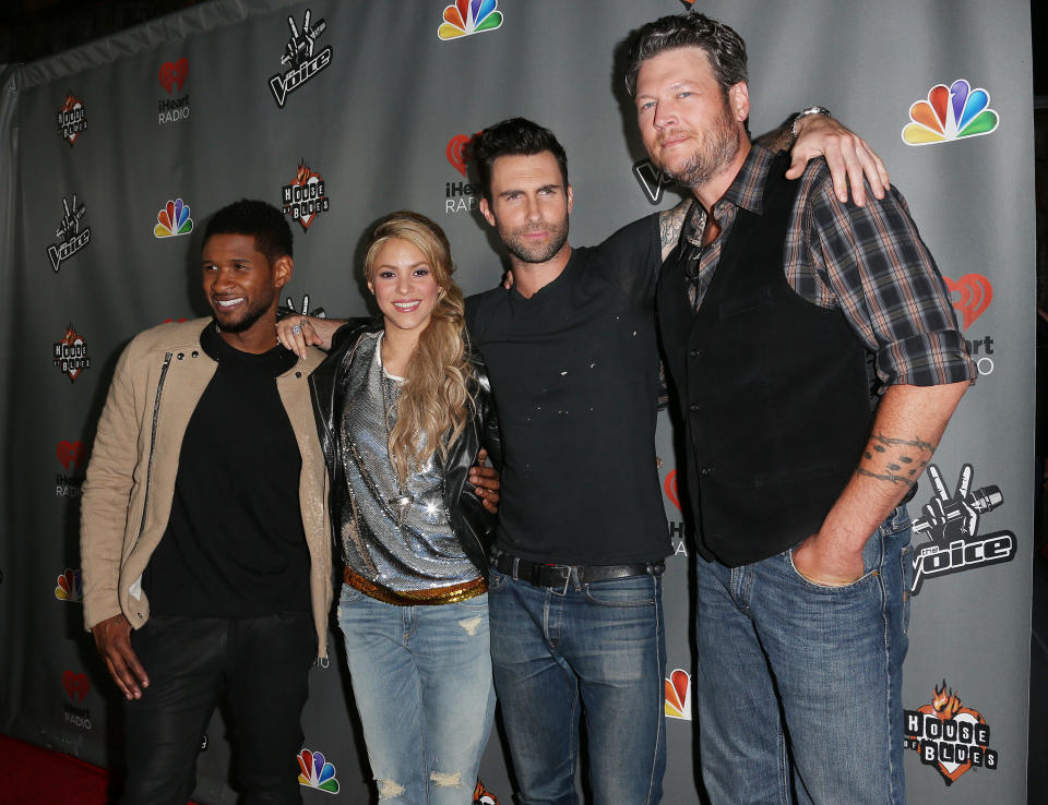 WEST HOLLYWOOD, CA - MAY 08: (L-R) Recording artists Usher, Shakira, Adam Levine and Blake Shelton attend NBC's 'The Voice' Season 4 Red Carpet Event at the House of Blues Sunset Strip on May 8, 2013 in West Hollywood, California.  (Photo by Frederick M. Brown/Getty Images)