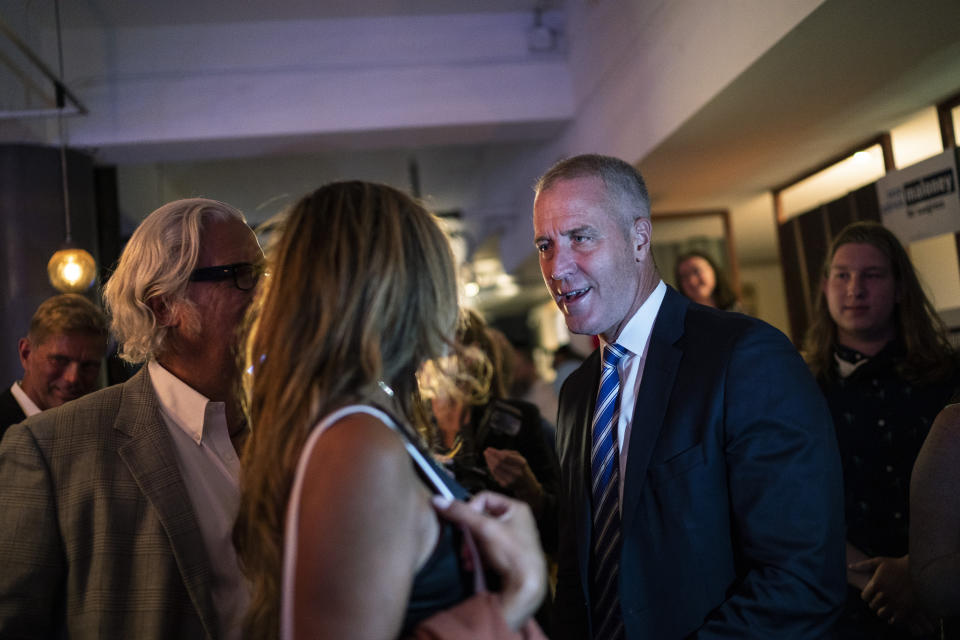 New York 17th Congressional District Democratic primary candidate U.S. Rep. Sean Patrick Maloney greets supporters at the end of an election night party in Peekskill, N.Y., Tuesday, Aug. 23, 2022. (AP Photo/Eduardo Munoz Alvarez)