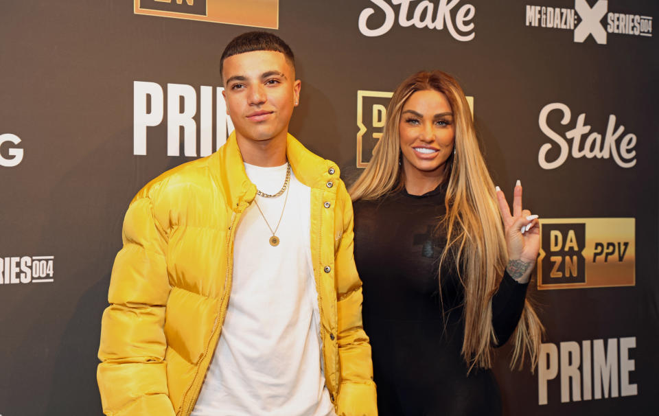 Junior Andre and Katie Price arrive for the KSI v FaZe Temperrr fight at OVO Arena, Wembley in London. Picture date: Saturday January 14, 2023. (Photo by Suzan Moore/PA Images via Getty Images)