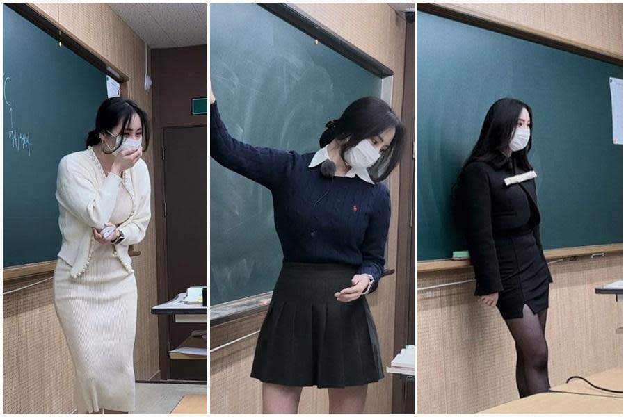 南韓正妹老師，每次上課穿搭都相當講究，引發台網友暴動。（翻攝自PTT）