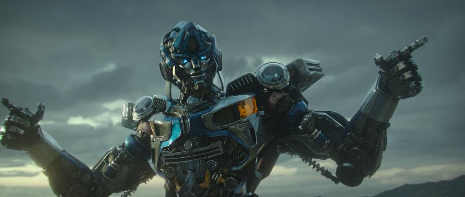 Mirage (voiced by Pete Davidson) takes a starring role in "Transformers: Rise of the Beasts."