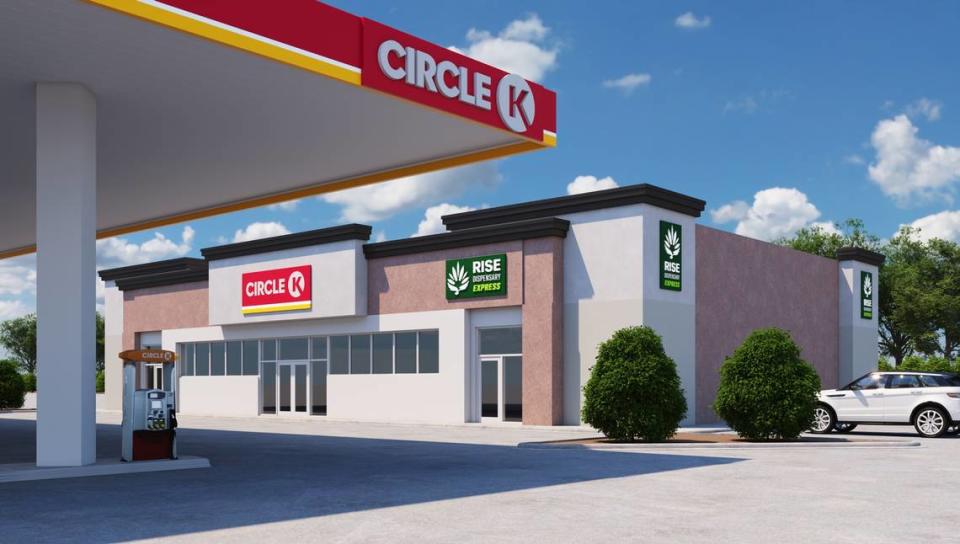 Green Thumb Industries anunció en 2022 un acuerdo con Circle K para alquilar espacio en algunos de sus establecimientos de la Florida para abrir dispensarios RISE Express, con planes para vender productos de cannabis. Esta es una representación del aspecto que tendrían estas tiendas.