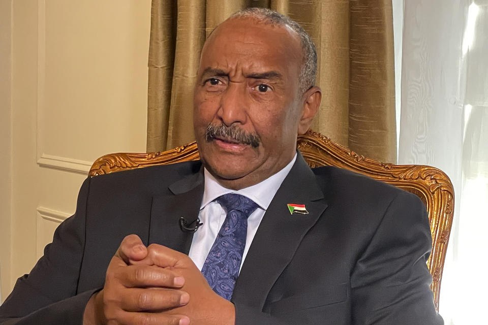 FILE - Sudan's General Abdel-Fattah Burhan answers questions during an interview, on Sept. 22, 2022, in New York. Sudan’s top miliary officer is traveling to Egypt on Tuesday, Aug. 29, 2023, in his first trip abroad since his country plunged into a largescale conflict earlier this year, Sudanese authorities said. (AP Photo/Aron Ranen, File)
