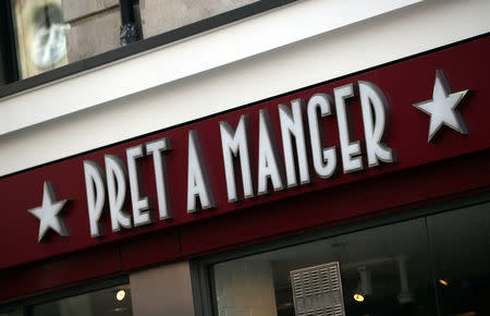 Signage is seen outside of a Pret a Manger in London, Britain, May 22, 2019. REUTERS/Hannah McKay