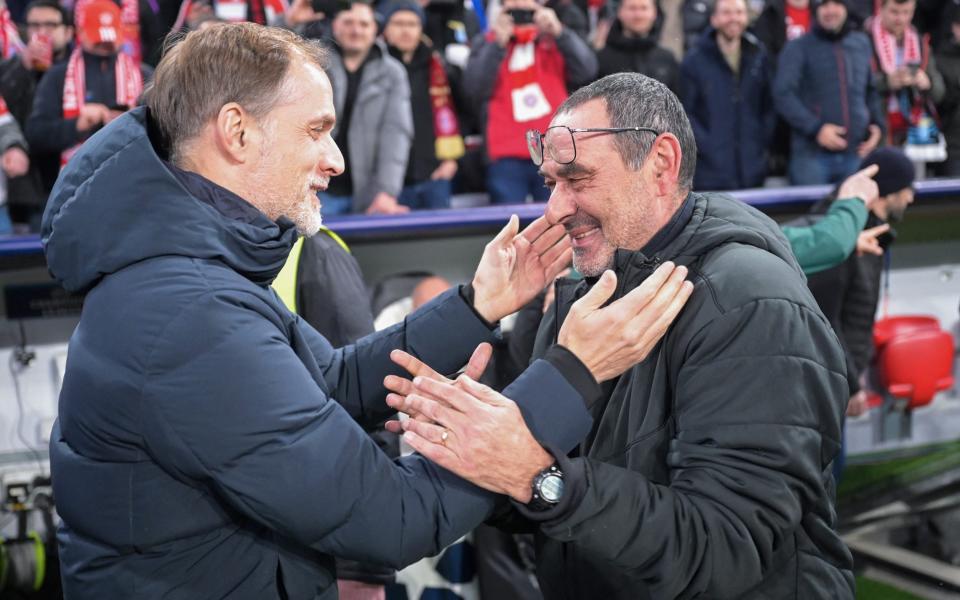 Bayern Munich's German head coach Thomas Tuchel (L) and Lazio's Italian headcoach Maurizio Sarri