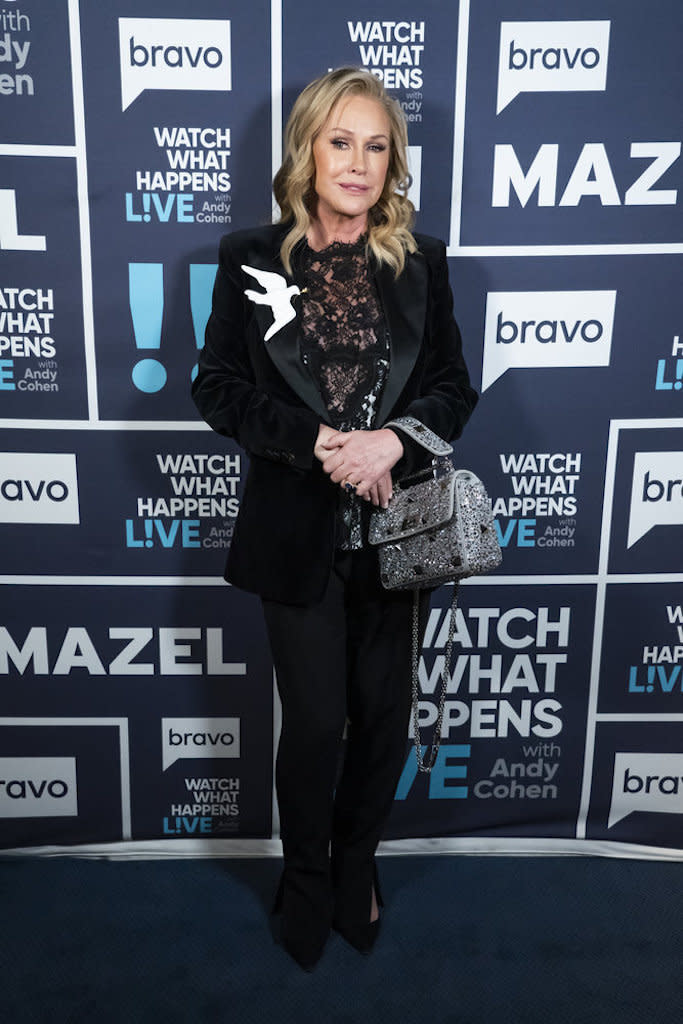 Kathy Hilton in an all-black outfit on ‘Watch What Happens Live’ on Jan. 26, 2022. - Credit: Charles Sykes/Bravo