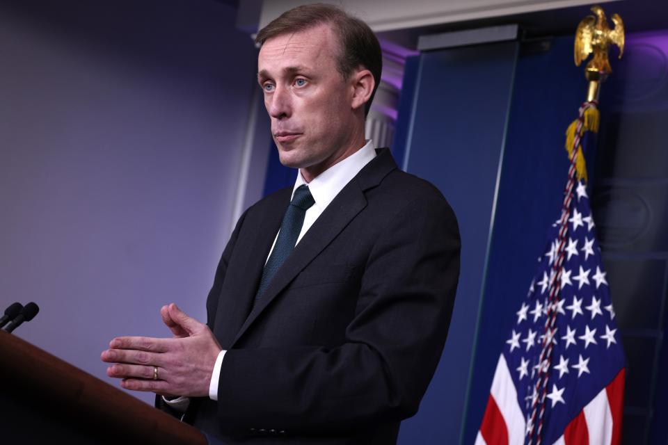 WASHINGTON, DC - AUGUST 17: White House National Security Advisor Jake Sullivan gestures as he speaks at a press conference in the James Brady Press Briefing Room of the White House on August 17, 2021 in Washington, DC. Sullivan attended the briefing with White House Press Secretary Jen Psaki and provided an update on the U.S. operations in Afghanistan following the Taliban taking control of the country.