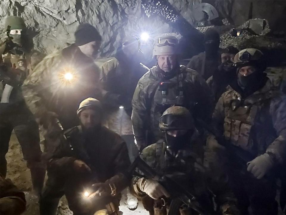 Wagner fighters in a Soledar salt mine, after Mr Prigozhin claimed to have taken the town (Telegram)