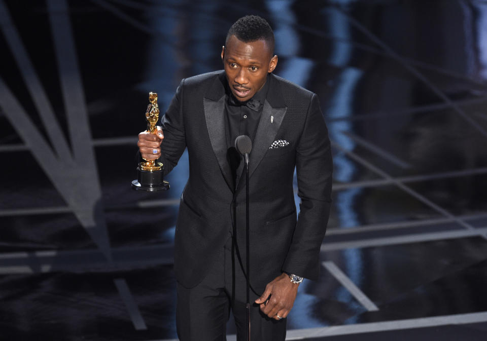 Mahershala Ali accepts the award for best actor in a supporting role for "Moonlight" at the Oscars on Sunday, Feb. 26, 2017, at the Dolby Theatre in Los Angeles. (Photo by Chris Pizzello/Invision/AP)