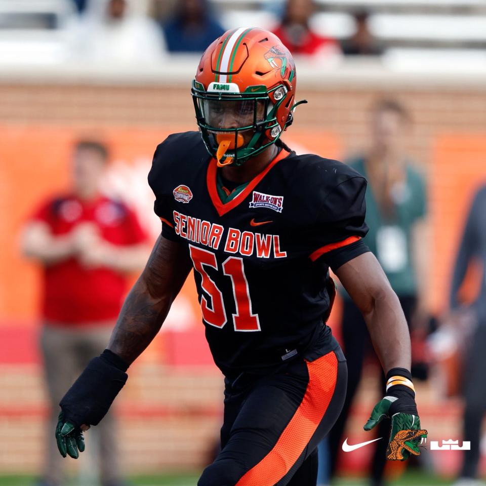 Florida A&M University linebacker Isaiah Land (51) prepares for a play at Reese's Senior Bowl practice at Hancock Whitney Stadium in Mobile, Alabama