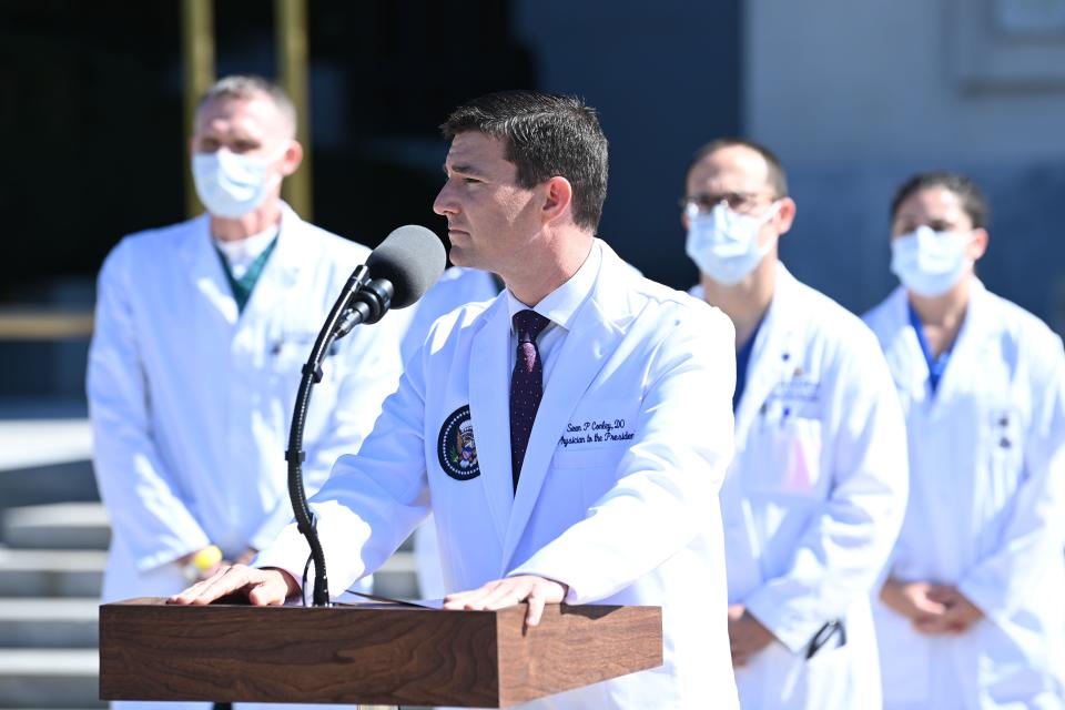 Sean Conley, President Donald Trump's physician, delivers his updates on Oct. 3, 2020, at the Walter Reed National Military Medical Center in Bethesda, Maryland.