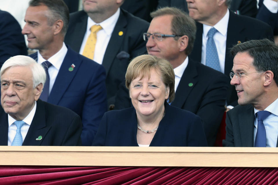 Chancellor of Germany, Angela Merkel attends the D-day 75 Commemorations Wednesday June 5, 2019, in Portsmouth, England. Commemoration events are marking the 75th Anniversary of the D-Day landings when Allied forces stormed the beaches of Normandy in northern France during World War II. (Chris Jackson/Pool via AP)