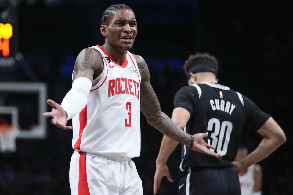 Houston Rockets' Kevin Porter Jr. (3) reacts after getting called for a technical foul during the first half of an NBA basketball game against the Brooklyn Nets, Wednesday, March 29, 2023, in New York. (AP Photo/Frank Franklin II)