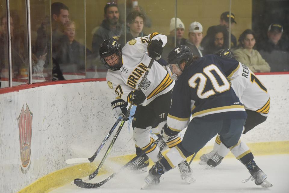 Adrian College's Dante Spagnuolo tries to get the puck out of the corner during Saturday's game against Trine.