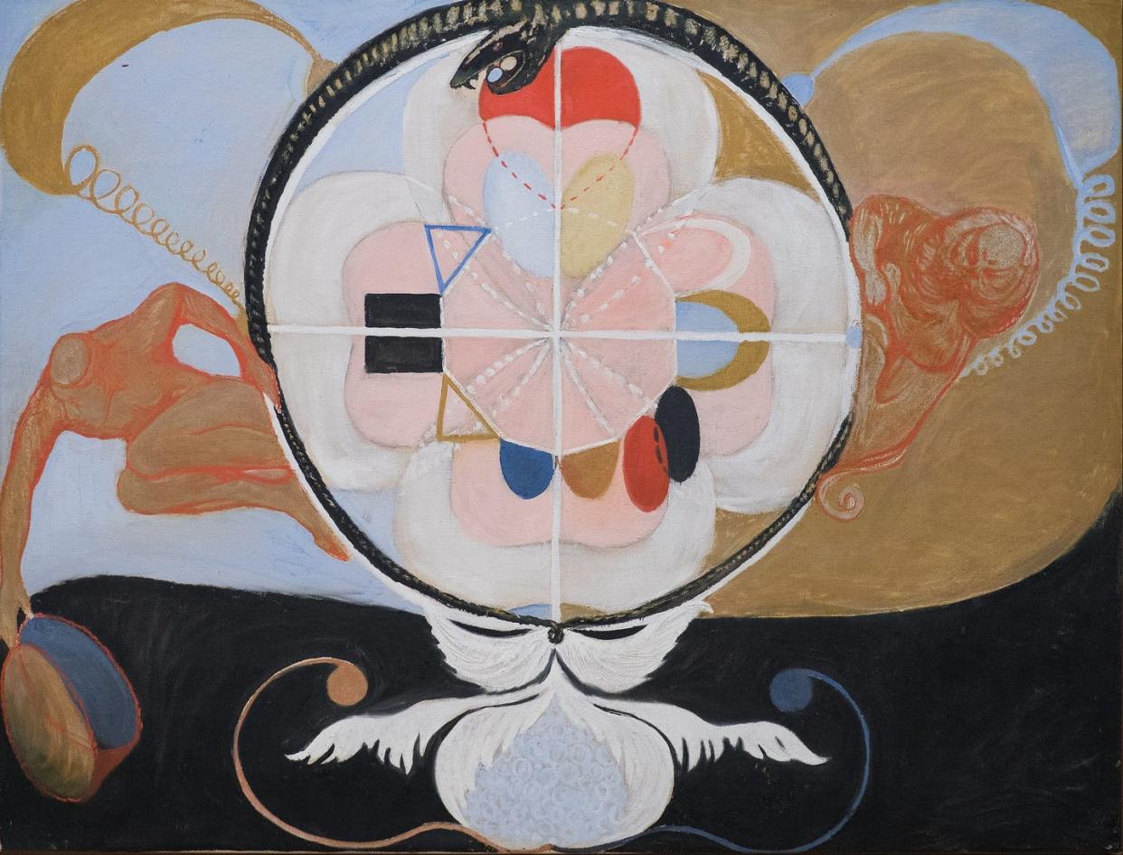 _Evolution, No. 13, Group VI_, 1908. Hilma af Klint. <a href="https://commons.wikimedia.org/wiki/File:Hilma_af_Klint_-_Group_VI,_Evolution_No._13_(13949).jpg" rel="nofollow noopener" target="_blank" data-ylk="slk:Rhododendrites / Wikimedia Commons;elm:context_link;itc:0;sec:content-canvas" class="link ">Rhododendrites / Wikimedia Commons</a>, <a href="http://creativecommons.org/licenses/by-sa/4.0/" rel="nofollow noopener" target="_blank" data-ylk="slk:CC BY-SA;elm:context_link;itc:0;sec:content-canvas" class="link ">CC BY-SA</a>