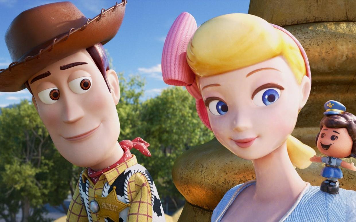 Woody, Bo Peep and Giggle McDimples in a scene from Toy Story 4 - Â©2019 Disneyâ€¢Pixar. All Rights Reserved.