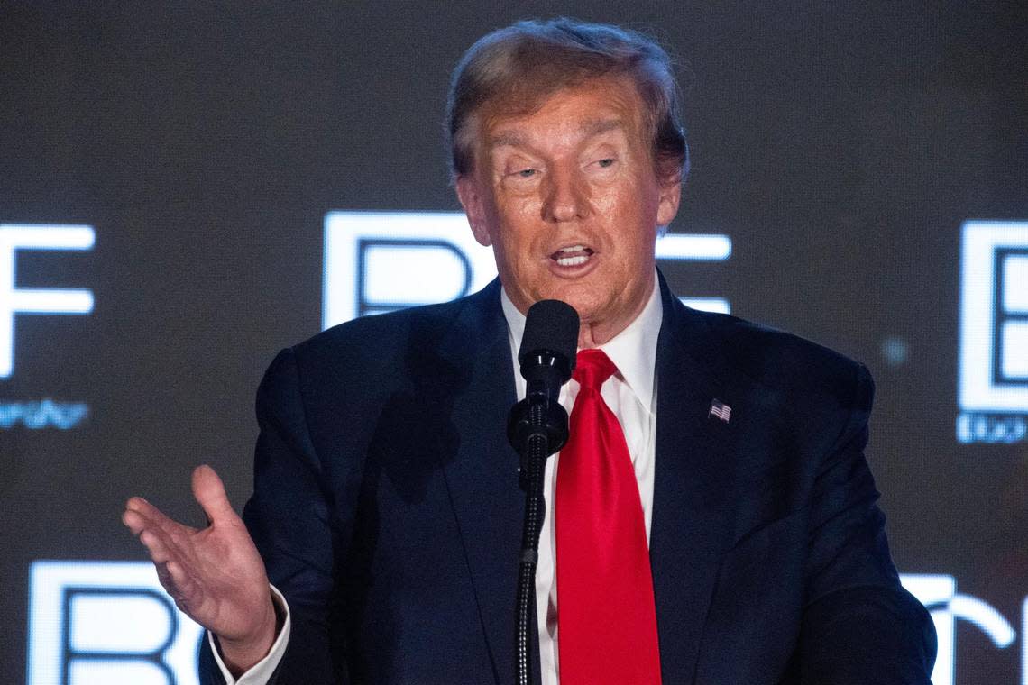 Former President Donald Trump speaks at the Black Conservative Federation gala at the Columbia Convention Center on Friday, February 23, 2024. The former president and Republican Primary candidate spoke for over an hour, telling stories about his time as president, and speaking in more detail on policy proposals than at previous campaign events. Joshua Boucher/jboucher@thestate.com