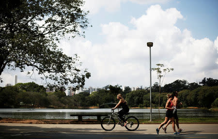 Citizens do exercise at Ibirapuera Park in Sao Paulo, Brazil, April 24, 2015. REUTERS/Nacho Doce