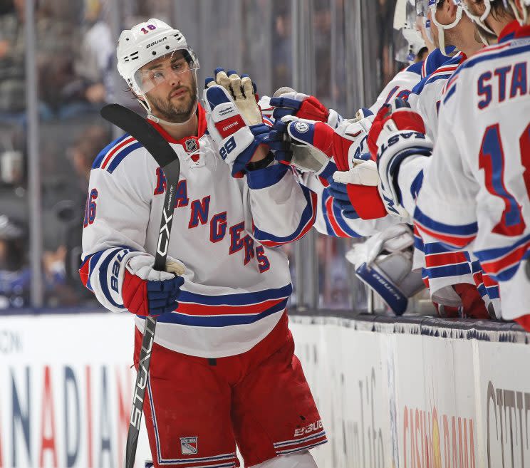 TORONTO, ON - FEBRUARY 18: Derick Brassard #16 of the New York Rangers celebrates a goal against the Toronto Maple Leafs during an NHL game at the Air Canada Centre on February 18, 2016 in Toronto, Ontario, Canada. (Photo by Claus Andersen/Getty Images) 